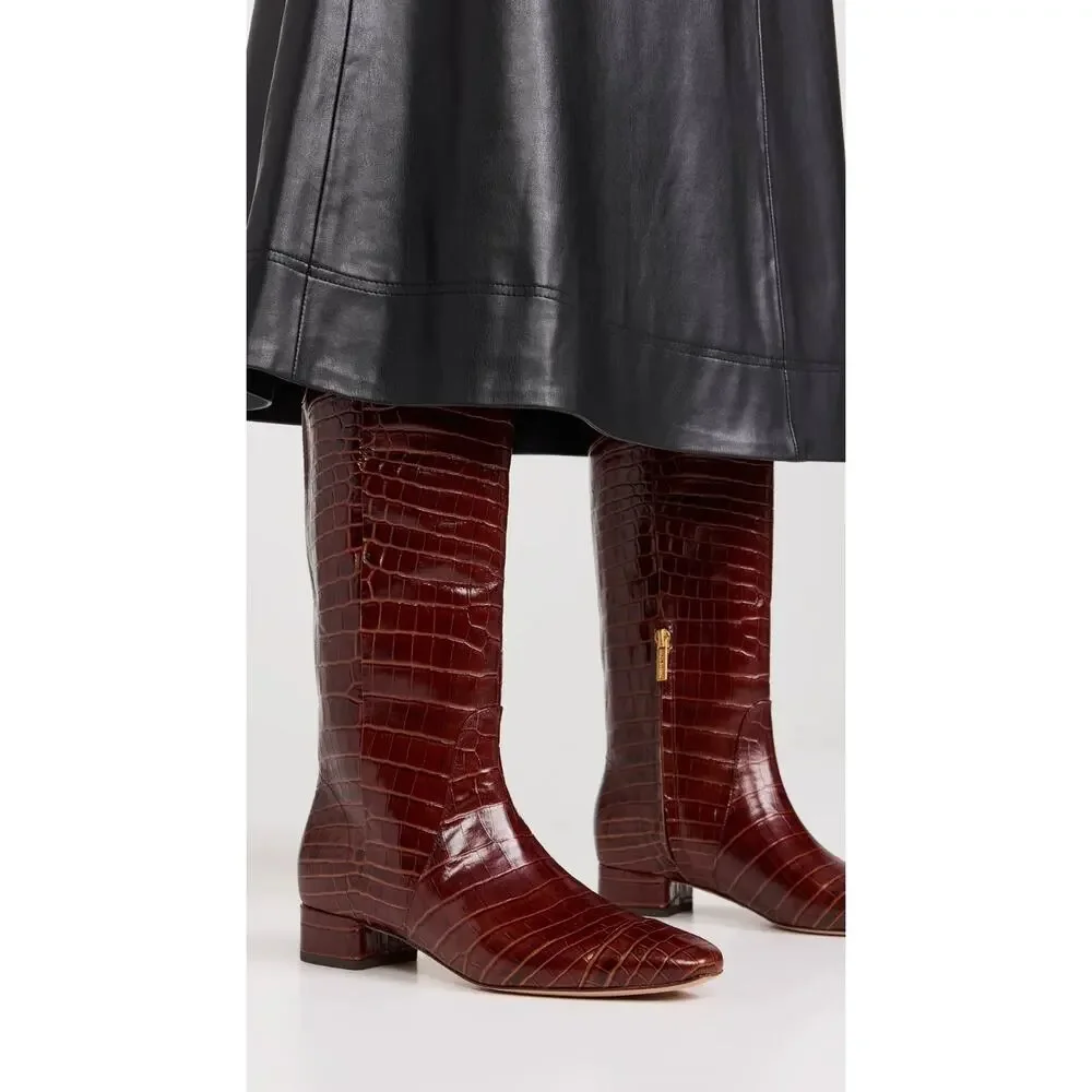 Veronica Beard Cecile Croc-embossed tall leather brown boots size 11